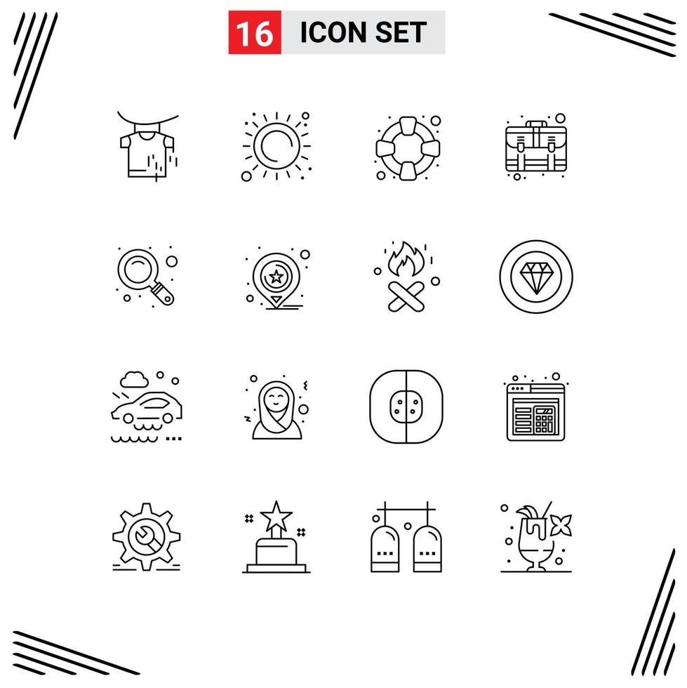 grupo de símbolos de ícone universal de 16 contornos modernos de caso de pagamento de segurança de lupa de zoom elementos de design de vetores editáveis