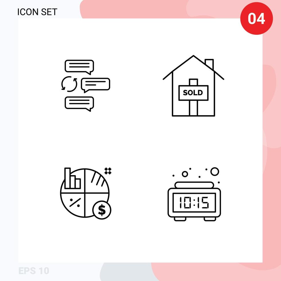 conjunto de 4 símbolos de símbolos de ícones de interface do usuário modernos para bate-papo, diálogo de negócios, casa, dinheiro, elementos de design de vetores editáveis