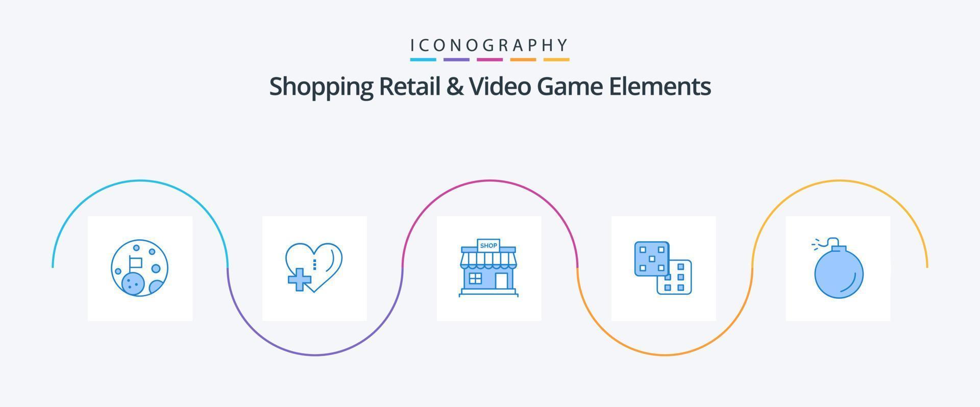 pacote de ícones azul 5 de elementos de videogame e varejo de compras, incluindo explosivo. probabilidade. fazer compras. jogos. mercado vetor