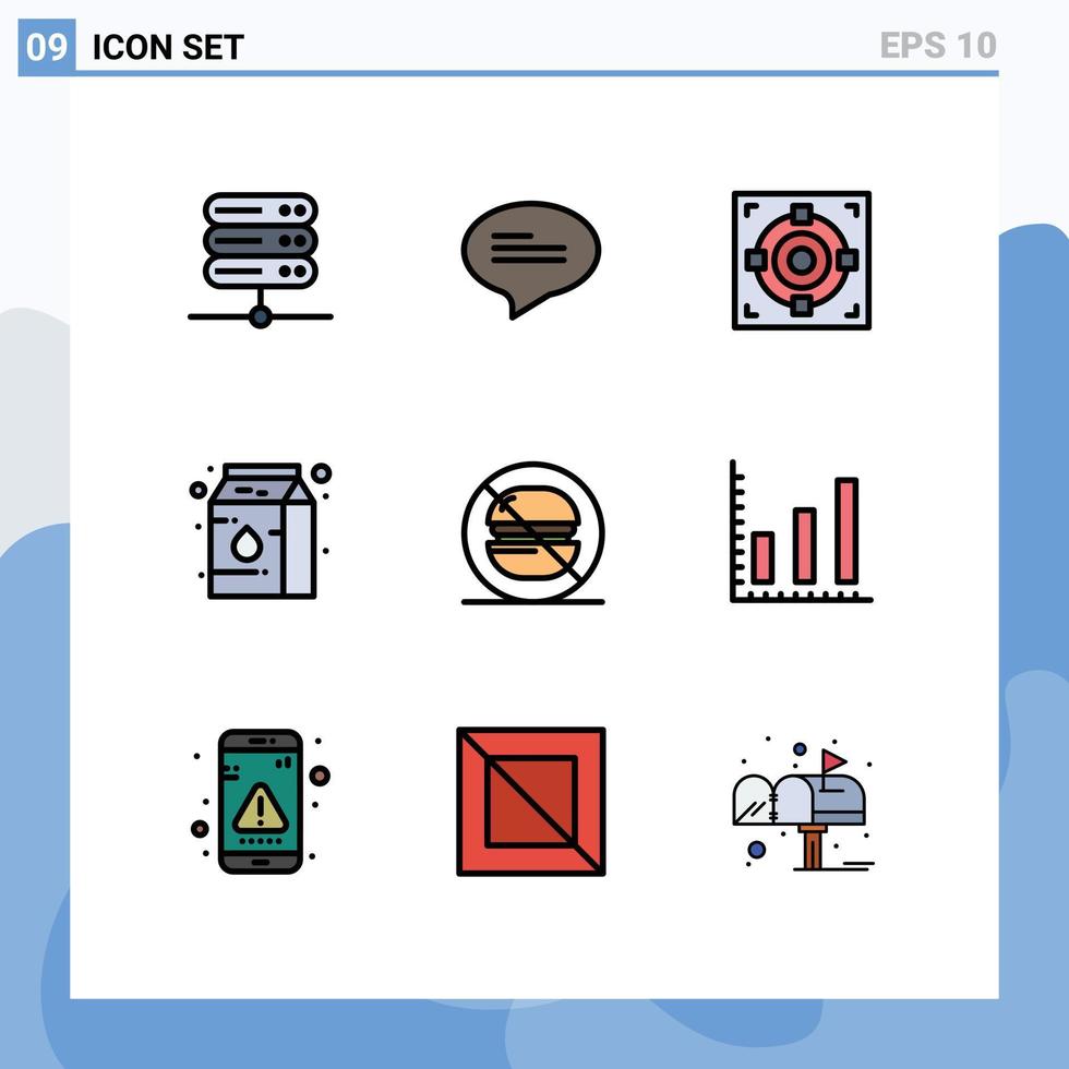 conjunto de cores planas de linha preenchida de interface móvel de 9 pictogramas de elementos de design vetorial editáveis de leite de comida de sucesso de rótulo de marketing vetor