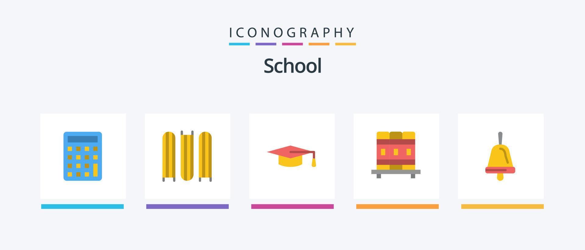 pacote de ícones da escola plana 5, incluindo . chapéu da graduação. escola. Sino. design de ícones criativos vetor