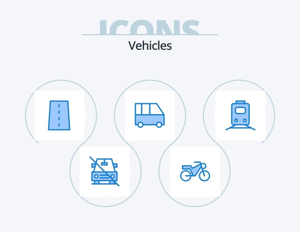 design de ícone do pacote de 5 ícones azuis de veículos. estrada de ferro. carrinha de passageiros. a infraestrutura. mini onibus. Van de entrega vetor
