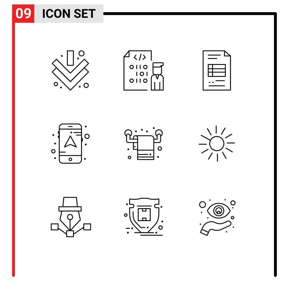 conjunto de pictogramas de 9 contornos simples de mapa de navegação de negócios de limpeza vivo elementos de design de vetores editáveis