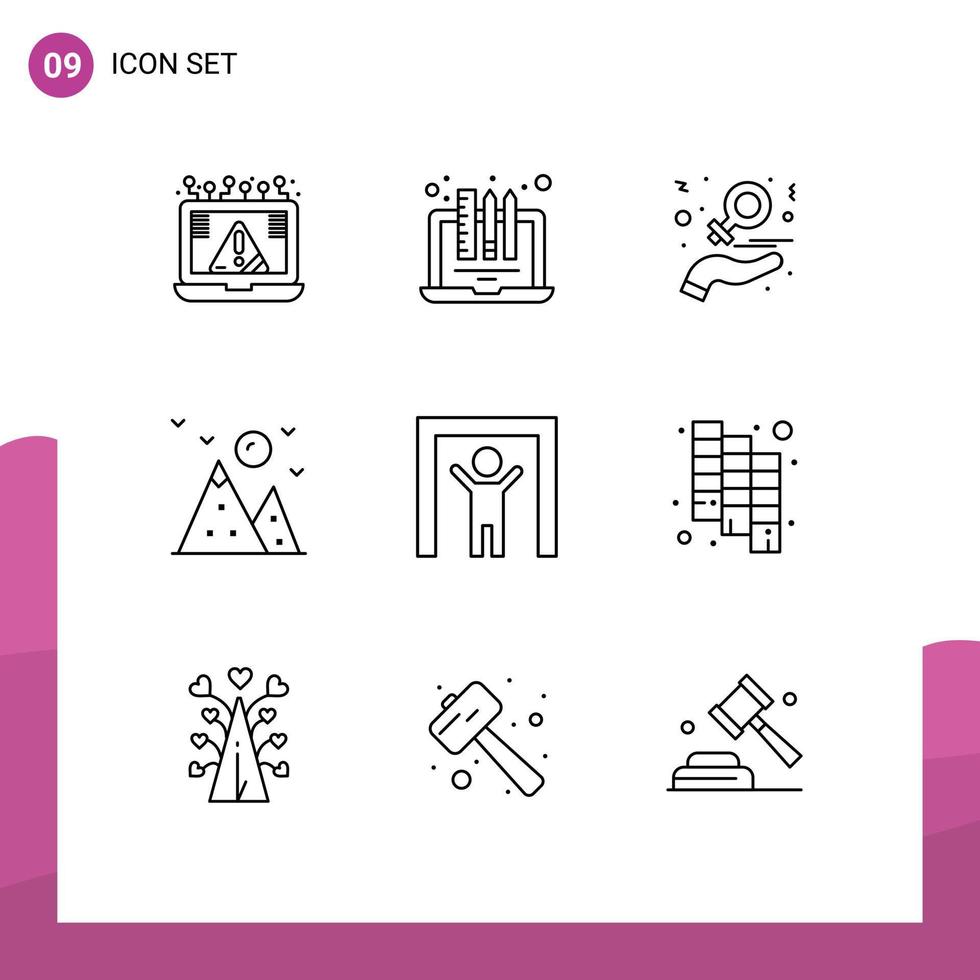 conjunto de 9 sinais de símbolos de ícones de interface do usuário modernos para caminhadas em paisagem, laptop, mulheres, mão, elementos de design de vetores editáveis
