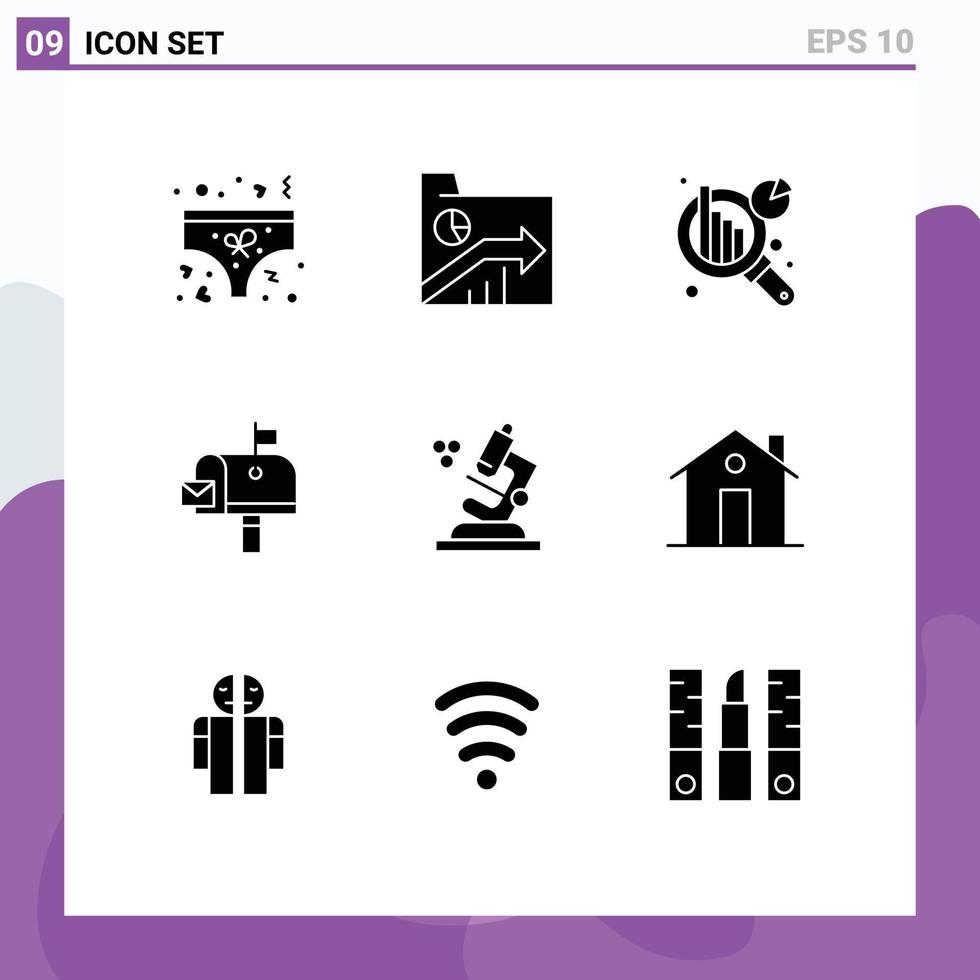 9 glifos sólidos universais definidos para web e aplicativos móveis microscópio agência postal relatório caixa de correio elementos de design de vetores editáveis