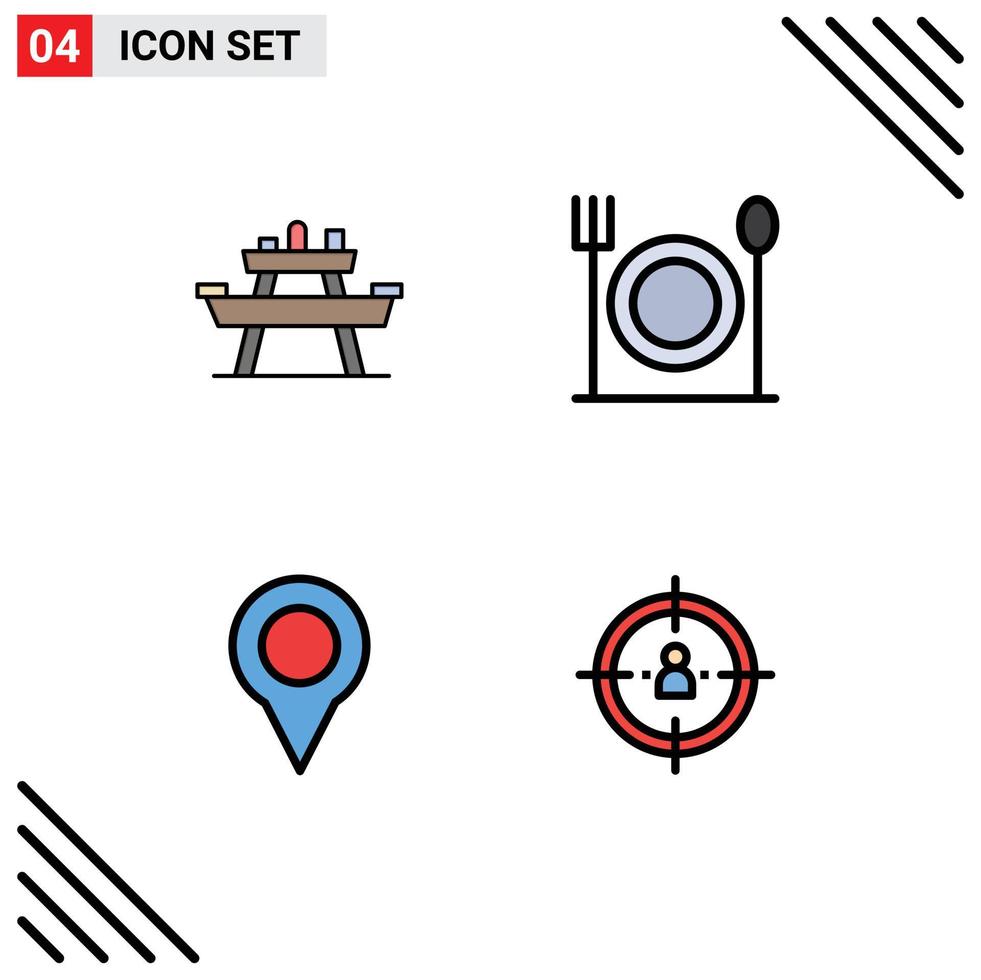 conjunto de 4 sinais de símbolos de ícones de interface do usuário modernos para banco mapa assento comida pin elementos de design de vetores editáveis