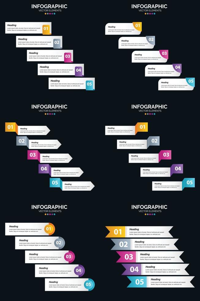 modelo de slide de apresentação de pacote de infográficos vetor 6 diagramas de ciclo de 5 etapas e linhas do tempo