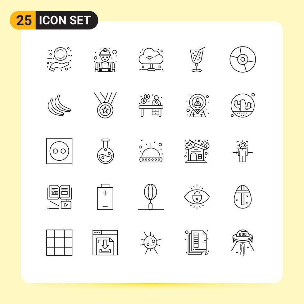 Pacote de linha de interface de usuário 25 de sinais e símbolos modernos de produtos dispositivos de nuvem de disco bebem elementos de design de vetores editáveis