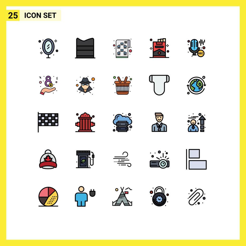 25 interface do usuário pacote de cores planas de linha cheia de sinais e símbolos modernos de fumar cigarro na web de microfone iniciar elementos de design de vetores editáveis