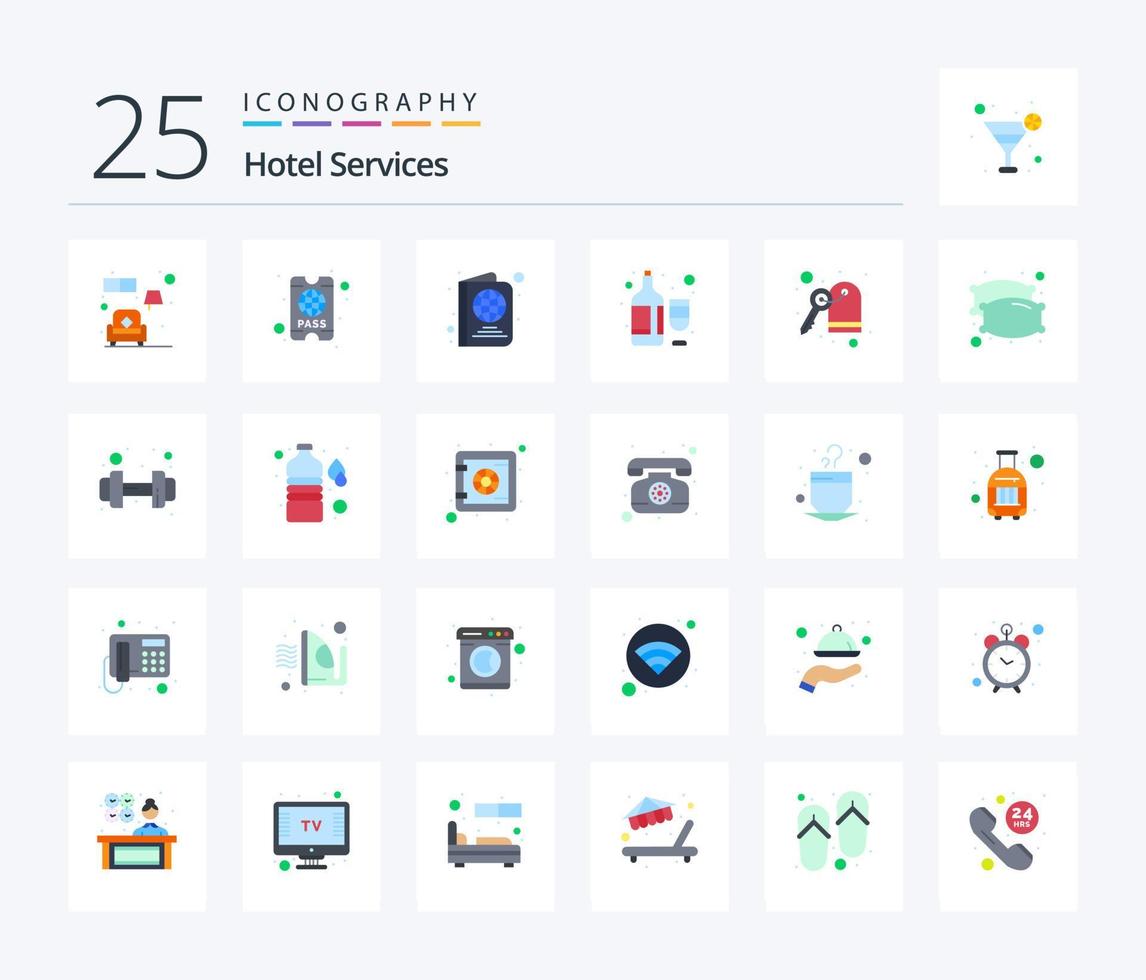 serviços de hotel 25 pacotes de ícones de cores planas, incluindo sonho. chave. bilhete. hotel. vinho vetor