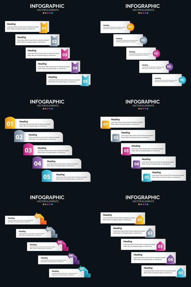 modelo de slide de apresentação de pacote de infográficos vetor 6 diagramas de ciclo de 5 etapas e linhas do tempo