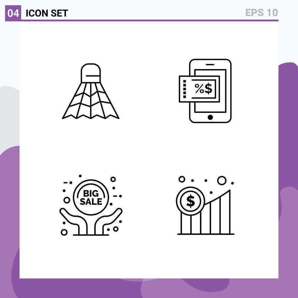 pacote de interface do usuário de 4 cores planas básicas de linha preenchida de badminton venda anúncio jogo desconto elementos de design de vetores editáveis de negócios