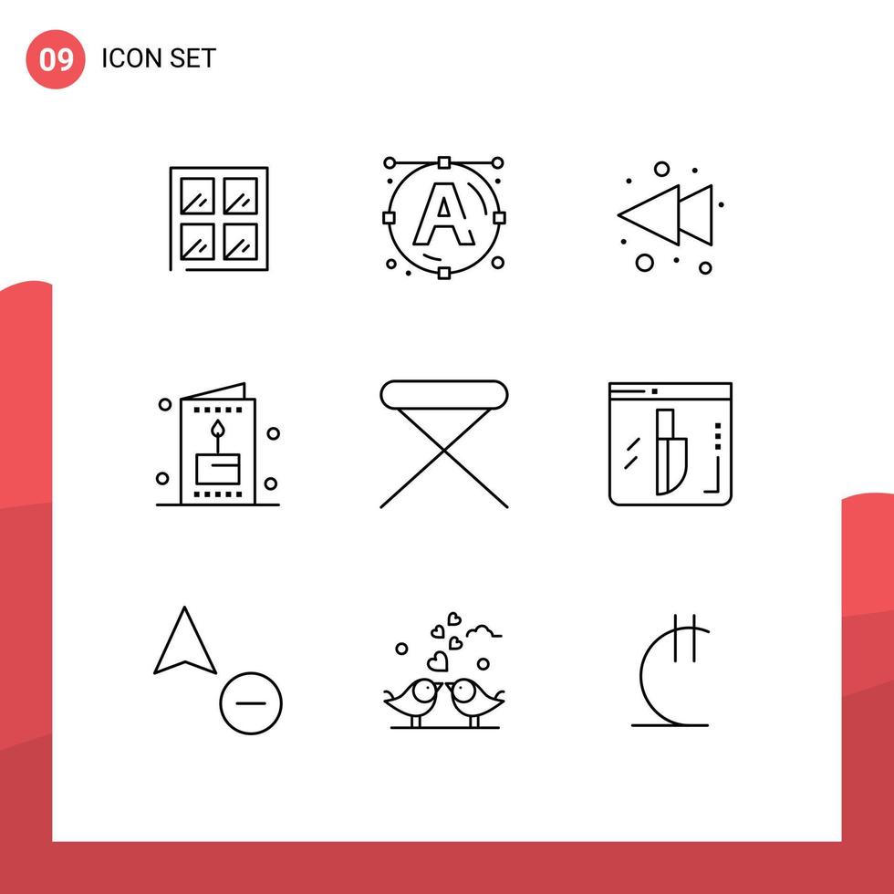 conjunto de esboço de interface móvel de 9 pictogramas de elementos de design de vetores editáveis de festa de mobília de retrocesso de casa interior