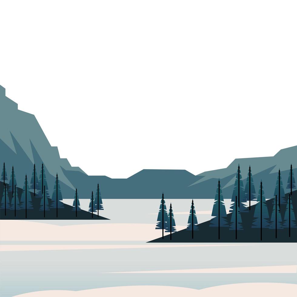 paisagem de inverno com floresta de pinheiros e lago vetor