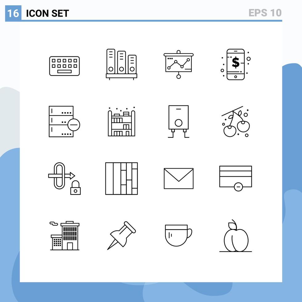 grupo de 16 contornos modernos definidos para projetor de gerenciamento de prateleiras de telefone de backup elementos de design de vetores editáveis