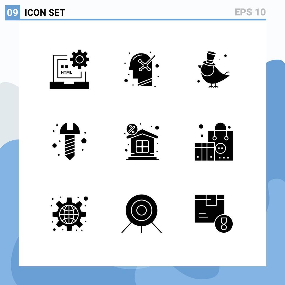 conjunto de 9 sinais de símbolos de ícones de interface do usuário modernos para finanças, parafuso, mente humana, hardware, pardal, elementos de design de vetores editáveis