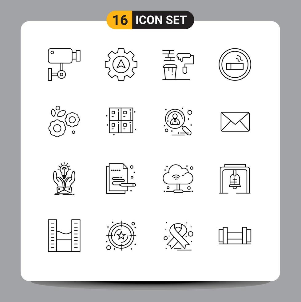 conjunto de 16 sinais de símbolos de ícones de interface do usuário modernos para ferramentas de cigarro de escova de laboratório de flores elementos de design de vetores editáveis