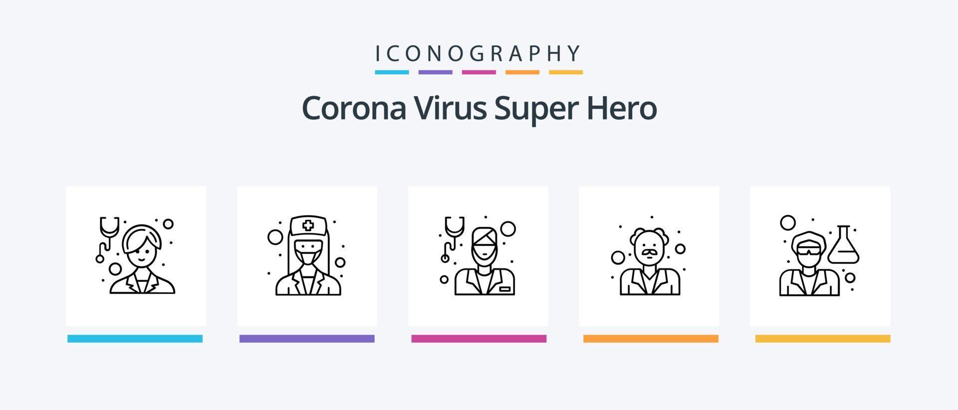 pacote de ícones da linha 5 do super-herói do vírus corona, incluindo garota. mulher. cara. enfermeira. cuidados de saúde. design de ícones criativos vetor