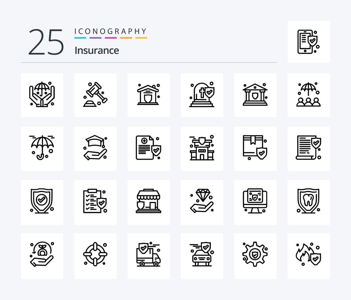 pacote de ícones de 25 linhas de seguro, incluindo segurança. banco. proteção. seguro. morte vetor