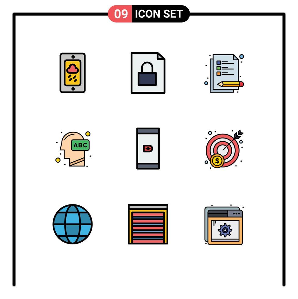 pacote de cores planas fillline de 9 símbolos universais de notas sem dinheiro de smartphone aprendendo elementos de design de vetores humanos editáveis