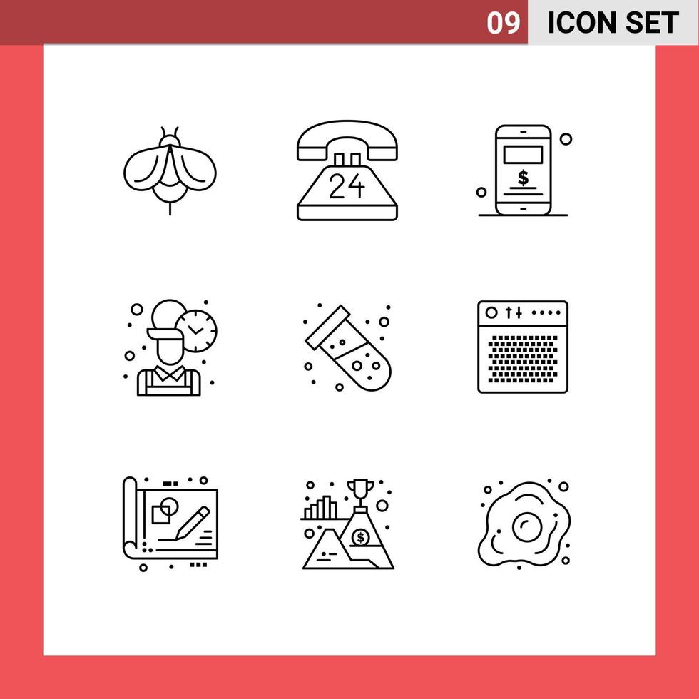 grupo de símbolos de ícone universal de 9 contornos modernos de teste trabalhador tempo de conversação empregado elementos de design de vetores editáveis