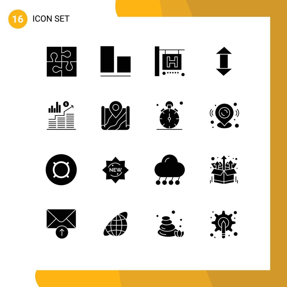 16 ícones criativos sinais modernos e símbolos de hotel de negócios monetários assinam setas para baixo elementos de design vetorial editáveis vetor