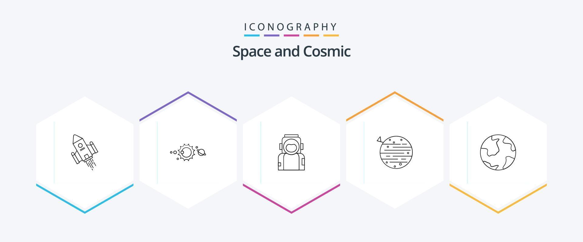pacote de ícones de 25 linhas de espaço, incluindo espaço. lua. sistema solar. Traje. astronauta vetor