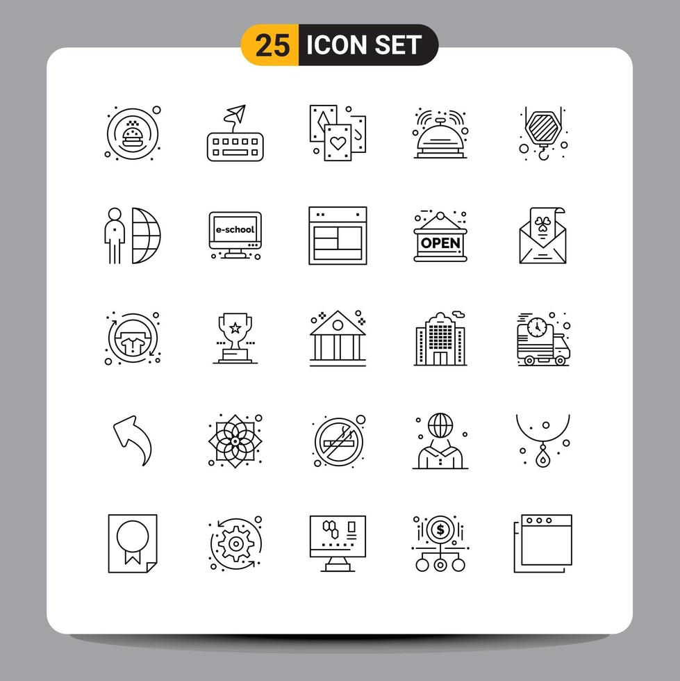 pacote de linha de 25 símbolos universais de elementos de design de vetores editáveis de mordomo de sala de entretenimento de serviço de guindaste