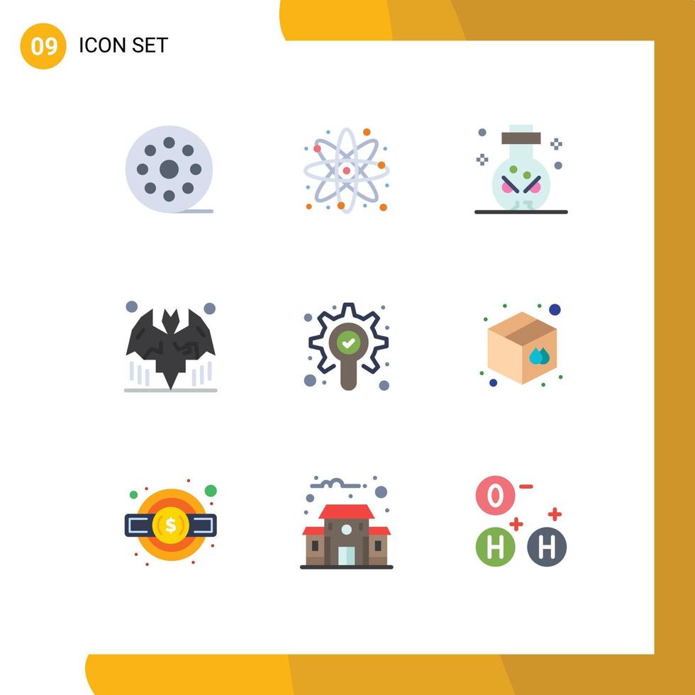 conjunto de cores planas de interface móvel de 9 pictogramas de pesquisa átomo de halloween morcegos crânio editável elementos de design vetorial vetor