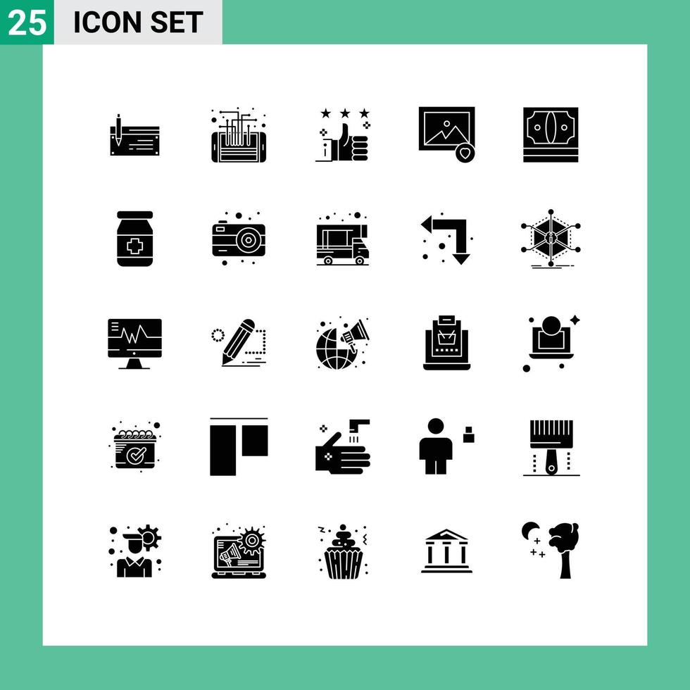 grupo de 25 glifos sólidos modernos definidos para tumbs móveis favoritos, como elementos de design vetorial editáveis vetor