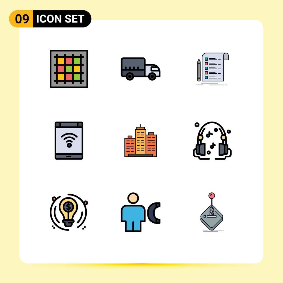 grupo de 9 sinais e símbolos de cores planas de linha preenchida para cartão de conexão de caminhão de internet de telefone elementos de design de vetores editáveis