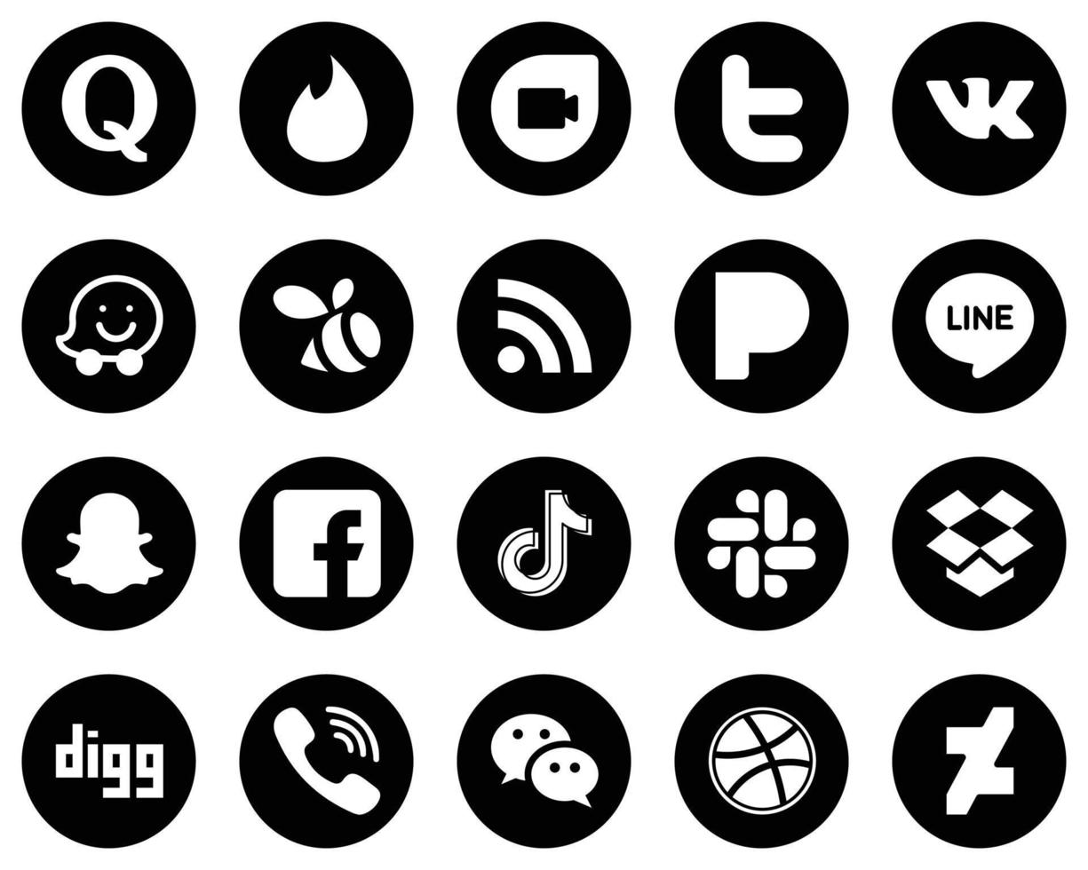 20 ícones profissionais de mídia social branca em fundo preto, como tiktok. fb. enxame. facebook e ícones de linha. alta resolução e totalmente personalizável vetor