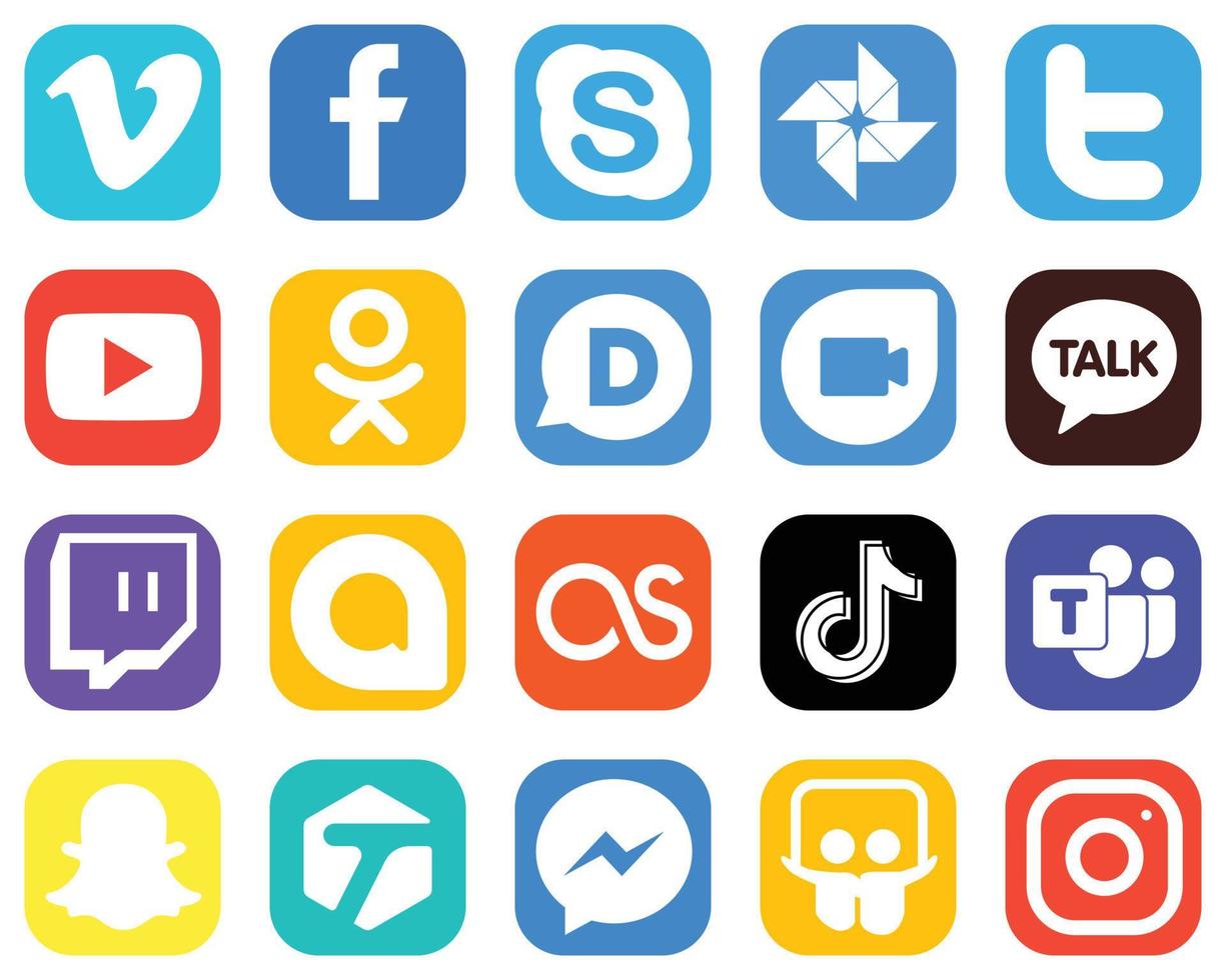 20 ícones de mídia social para todas as suas necessidades, como google allo. kakao fala. Twitter. google duo e ícones odnoklassniki. elegante conjunto de ícones de gradiente vetor