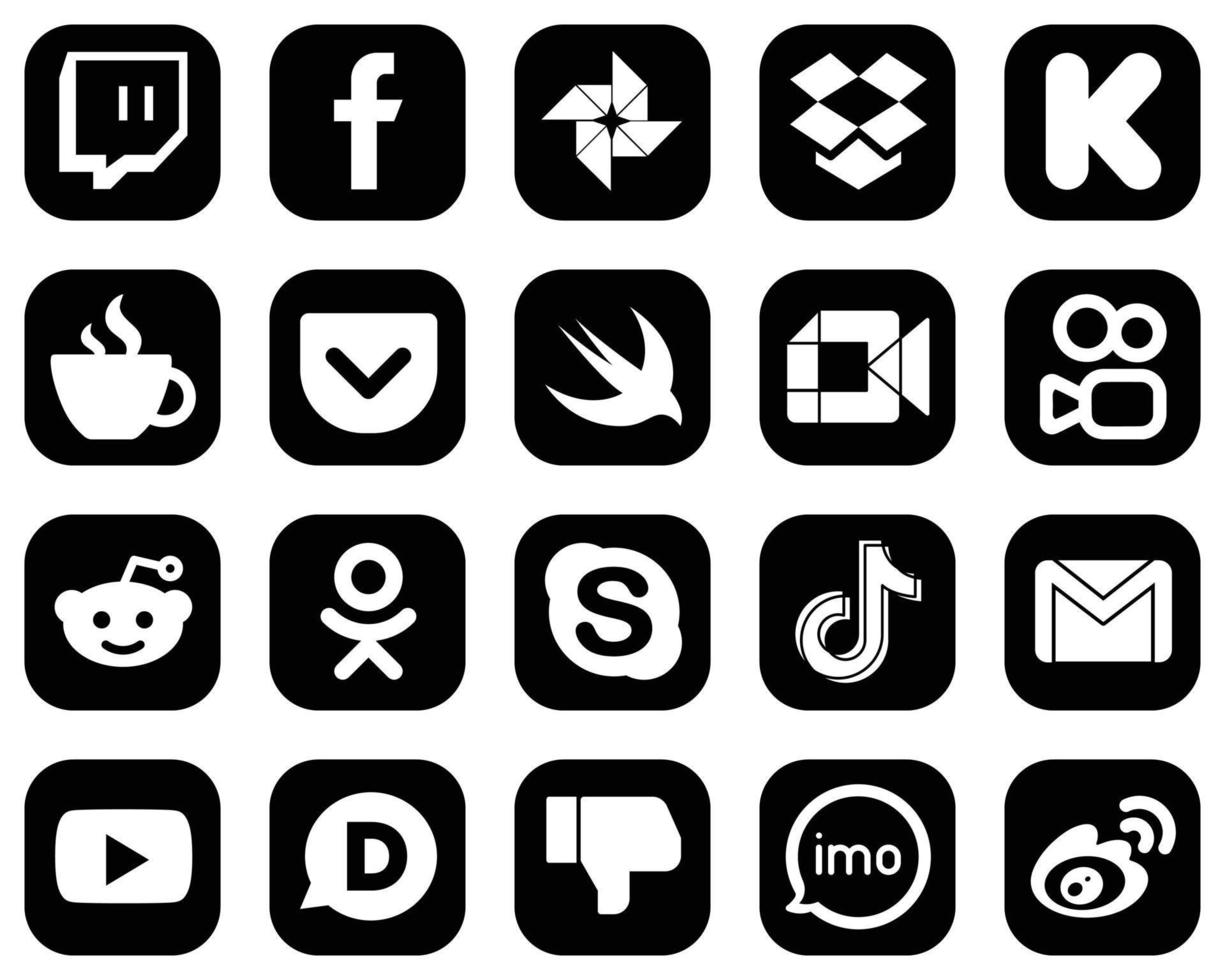 20 elegantes ícones brancos de mídia social em fundo preto, como reddit. cafeína. vídeo e ícones rápidos. moderno e de alta qualidade vetor