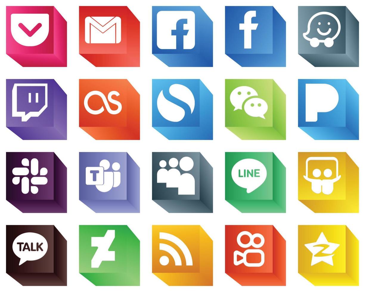 Pacote de 20 ícones de marca de mídia social 3D, como myspace. equipe microsoft. contração muscular. ícones de folga e messenger. totalmente editável e único vetor