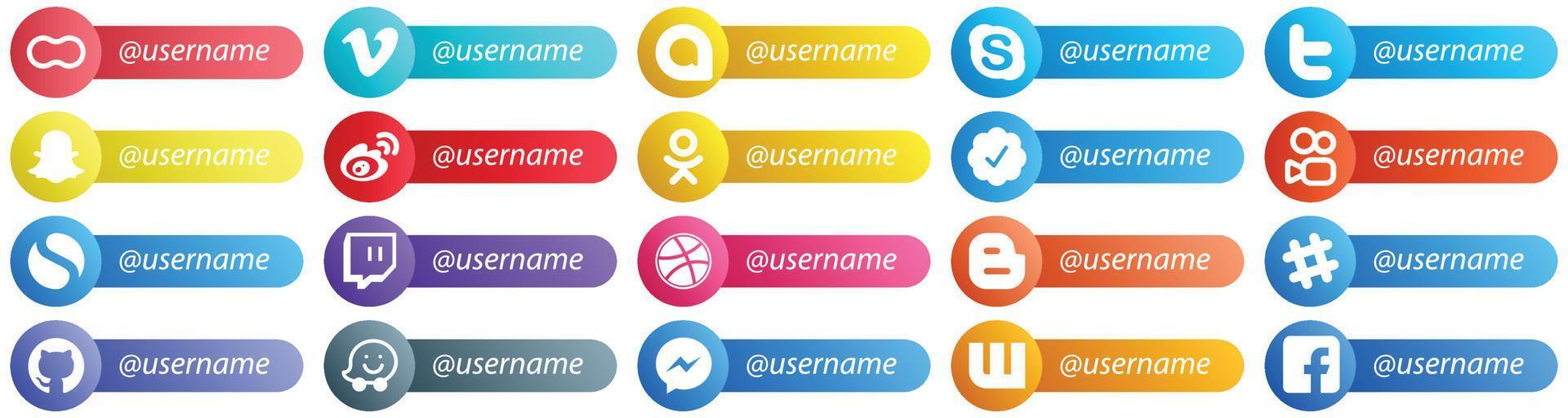 20 ícones de estilo de cartão de plataforma de rede social simples, como kuaishou. odnoklassniki. ícones do twitter e sina. criativo e profissional vetor