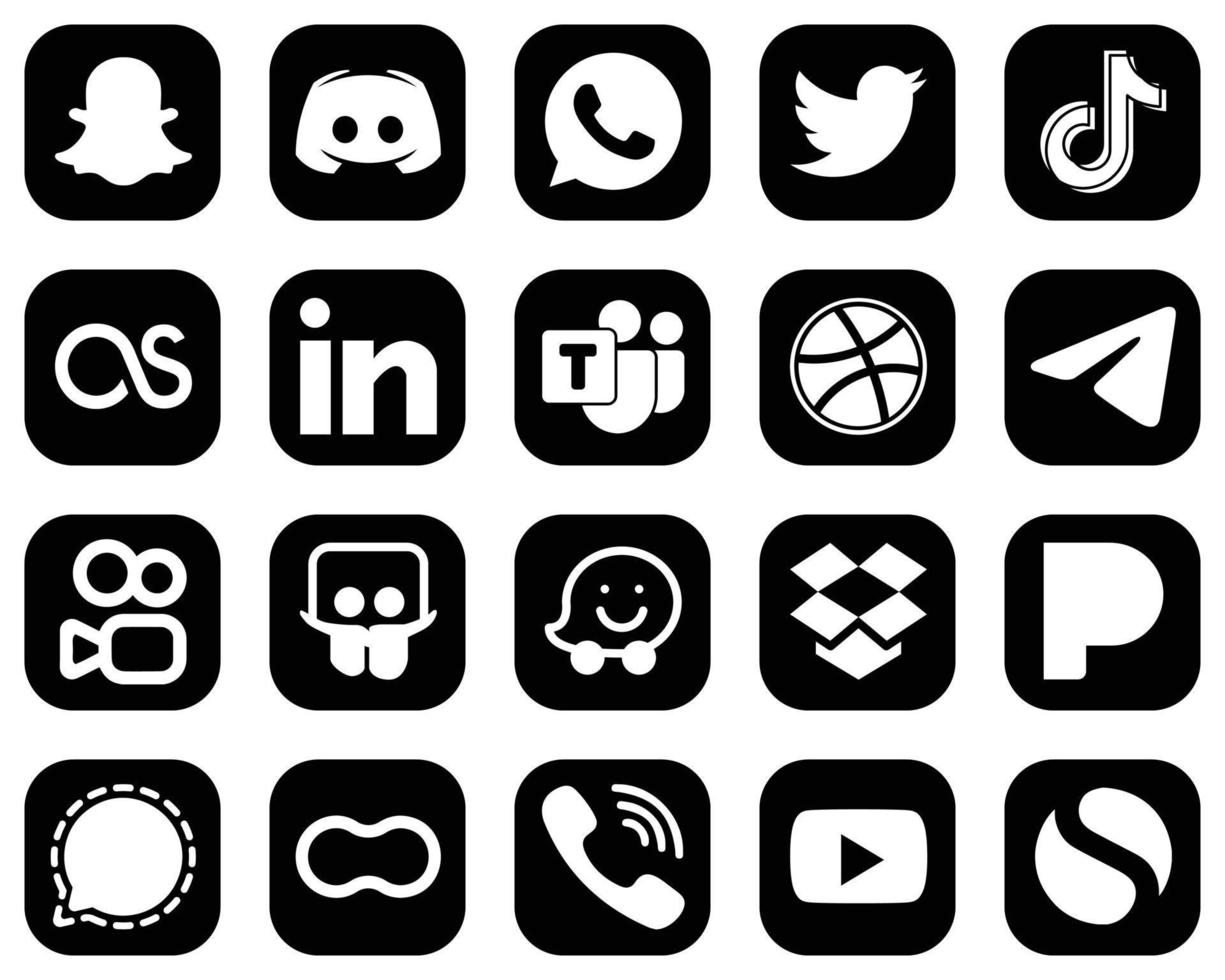 20 ícones versáteis de mídia social branca em fundo preto, como profissional. ícones tiktok e linkedin. atraente e de alta definição vetor