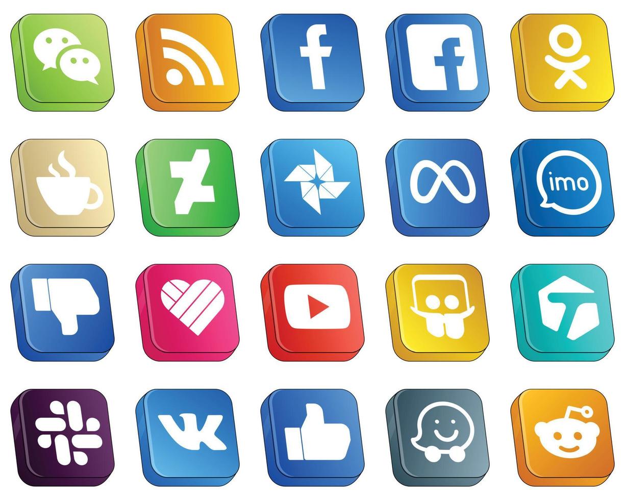 20 ícones de mídia social 3D isométricos de alta qualidade, como vídeo. eu cafeína. ícones de fotos do facebook e do google. exclusivo e de alta definição vetor