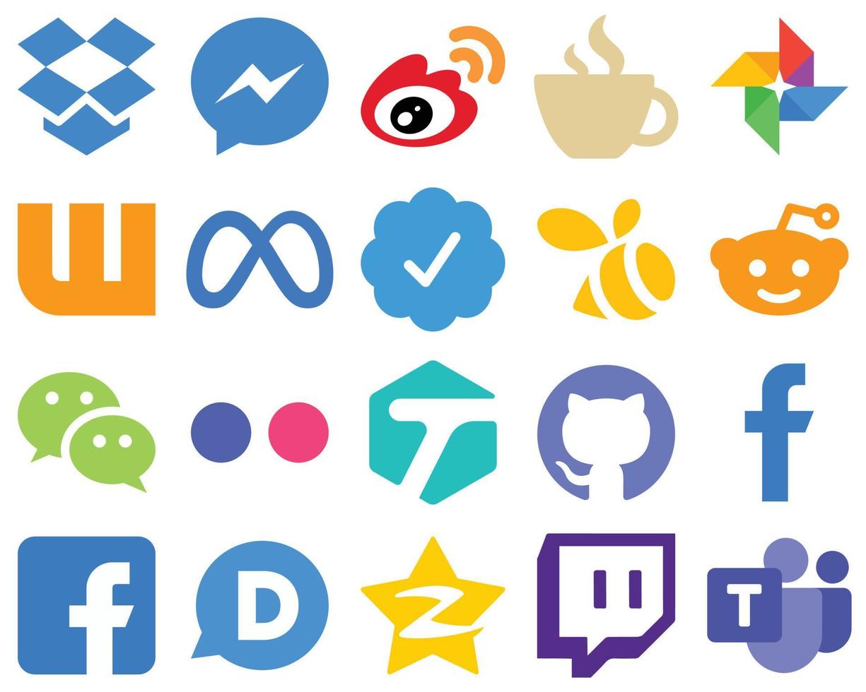 20 ícones de mídia social plana de design linear reddit. selo de verificação do twitter. cafeína. ícones do facebook e wattpad. conjunto de ícones de mídia social gradiente vetor