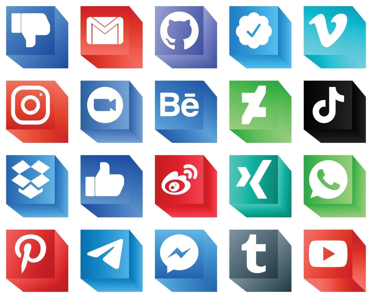 Pacote de 20 ícones de marca de mídia social 3D, como deviantart. vídeo. ícones de reunião e zoom. totalmente editável e único vetor