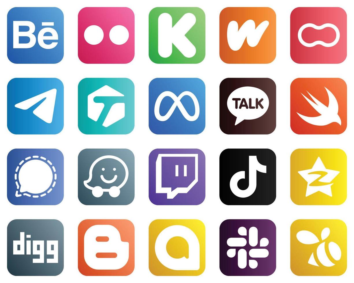 20 ícones exclusivos de mídia social, como swift. o Facebook. mães e metaícones. versátil e premium vetor