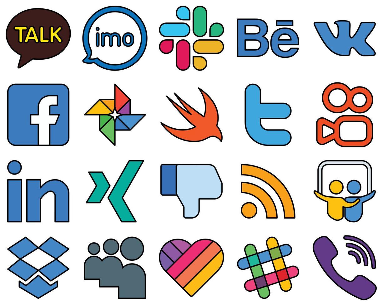 20 ícones de mídia social preenchidos com linhas de alta qualidade, como profissional. kuaishou. o Facebook. tweet e swift totalmente personalizável e minimalista vetor