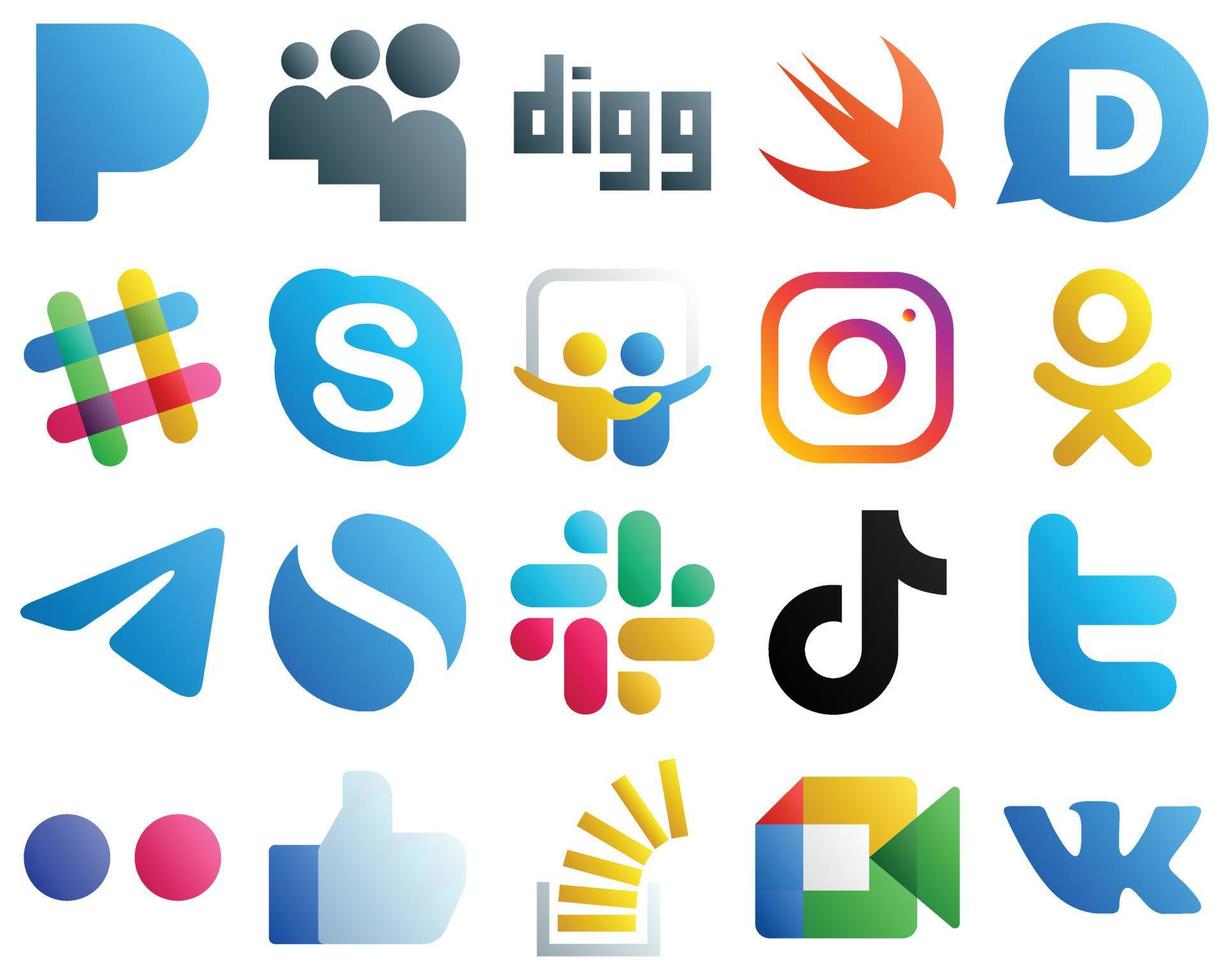 ícones de gradiente para os principais pacotes de mídia social 20, como slack. compartilhamento de slides. mensageiro e ícones odnoklassniki. totalmente personalizável e de alta qualidade vetor