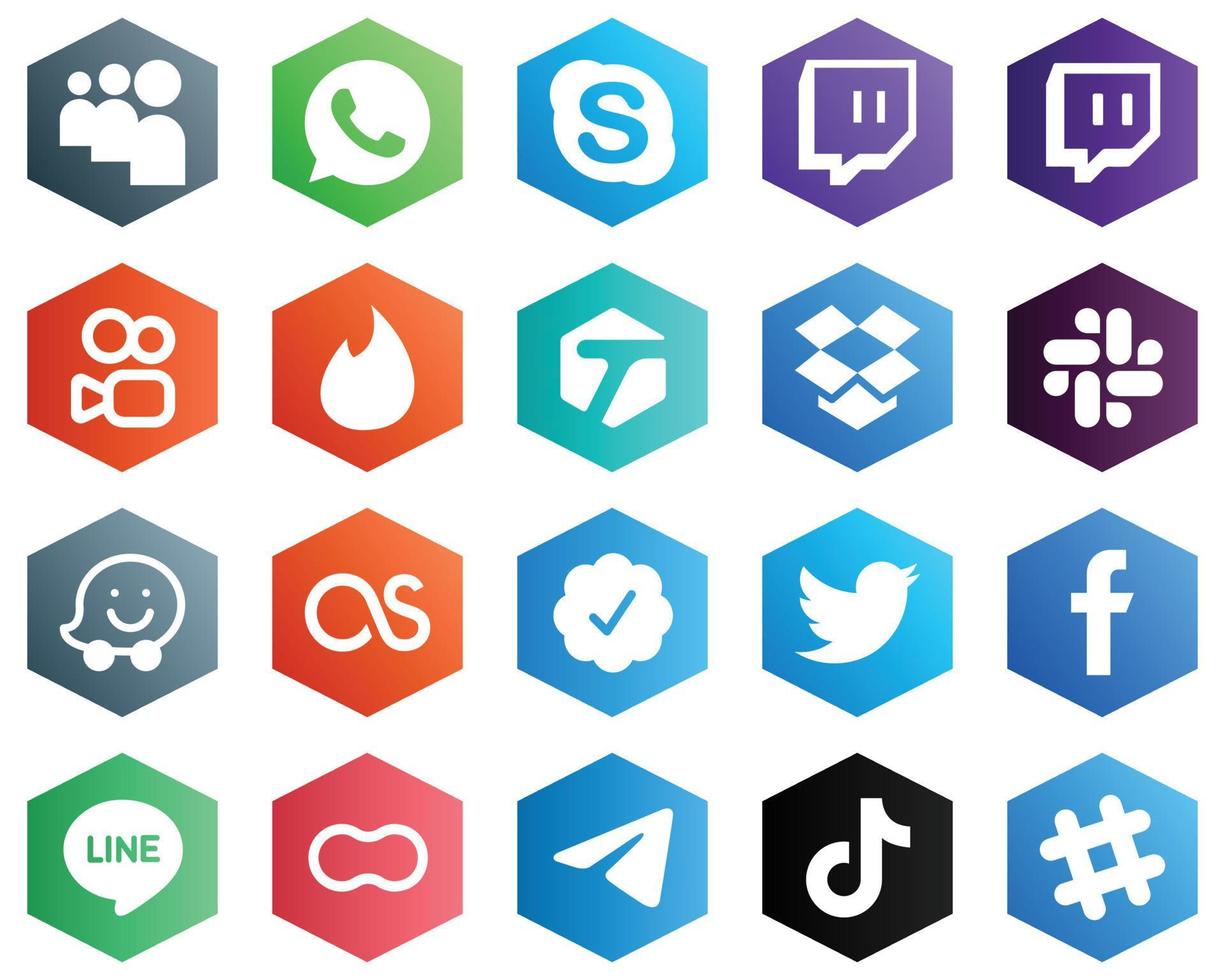 coleção de ícones brancos hexagonais de cor plana, como o facebook. Dropbox. tweet e ícones de crachá verificados pelo twitter. 25 ícones de alta qualidade vetor