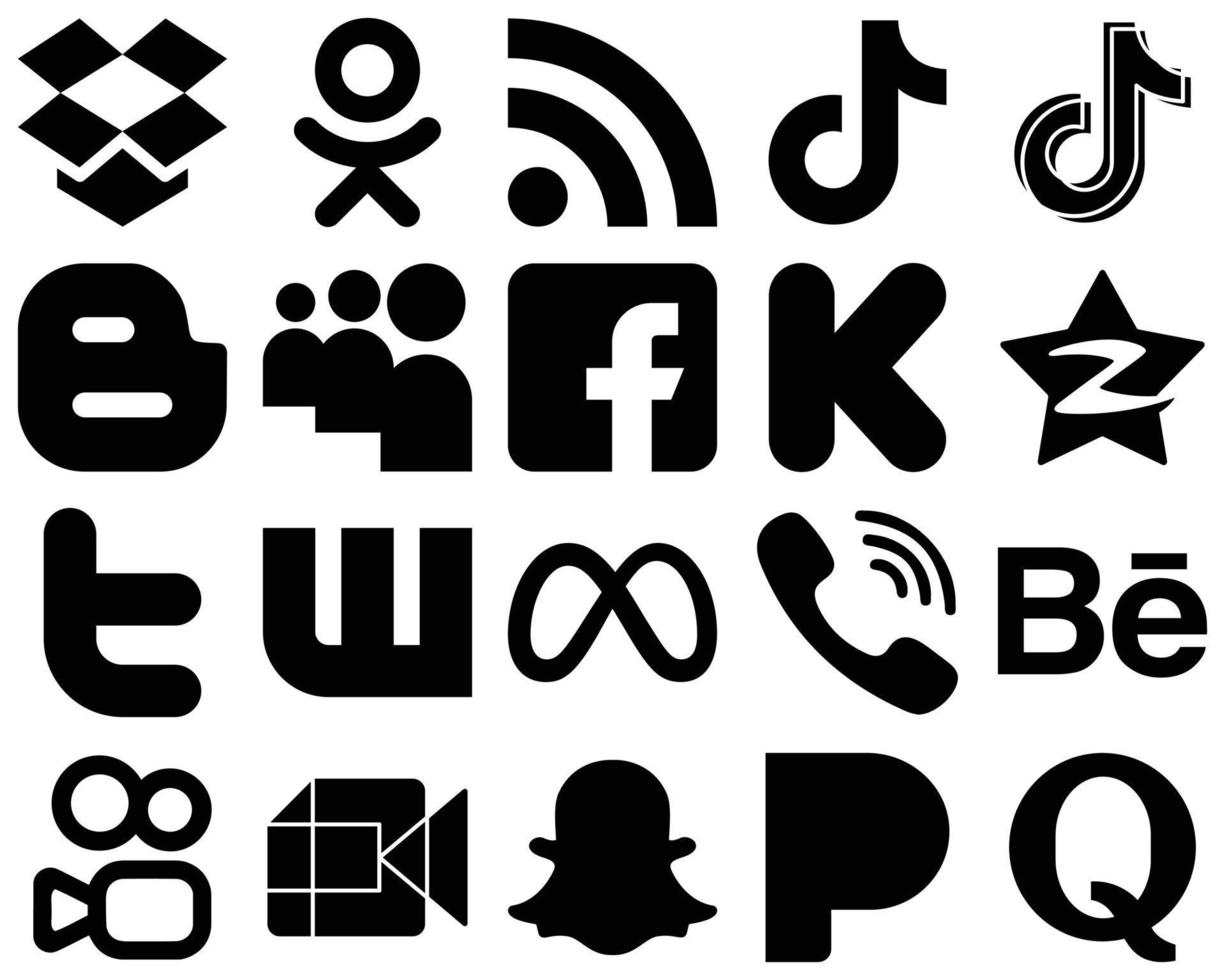 20 ícones minimalistas de mídia social com glifo preto, como qzone. ícones do kickstarter e do facebook. versátil e premium vetor