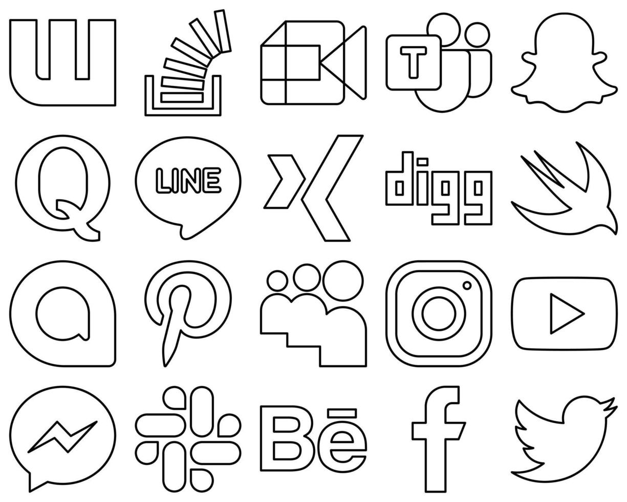 20 ícones de mídia social com contorno preto profissionalmente projetados, como Google Allo. digg. equipe microsoft. xing e ícones de pergunta. totalmente editável e profissional vetor