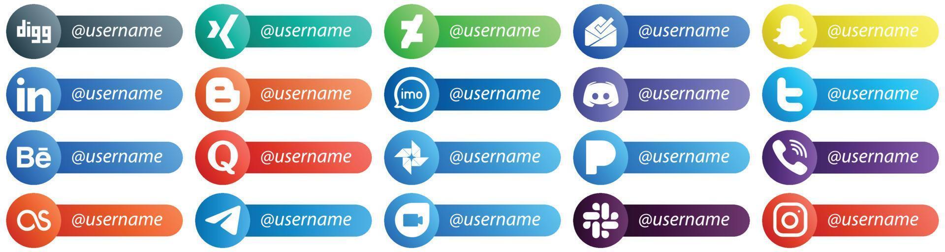 estilo de cartão siga-me ícones para os principais pacotes de 20 mídias sociais, como o twitter. texto. ícones de blog e mensagem. limpo e minimalista vetor