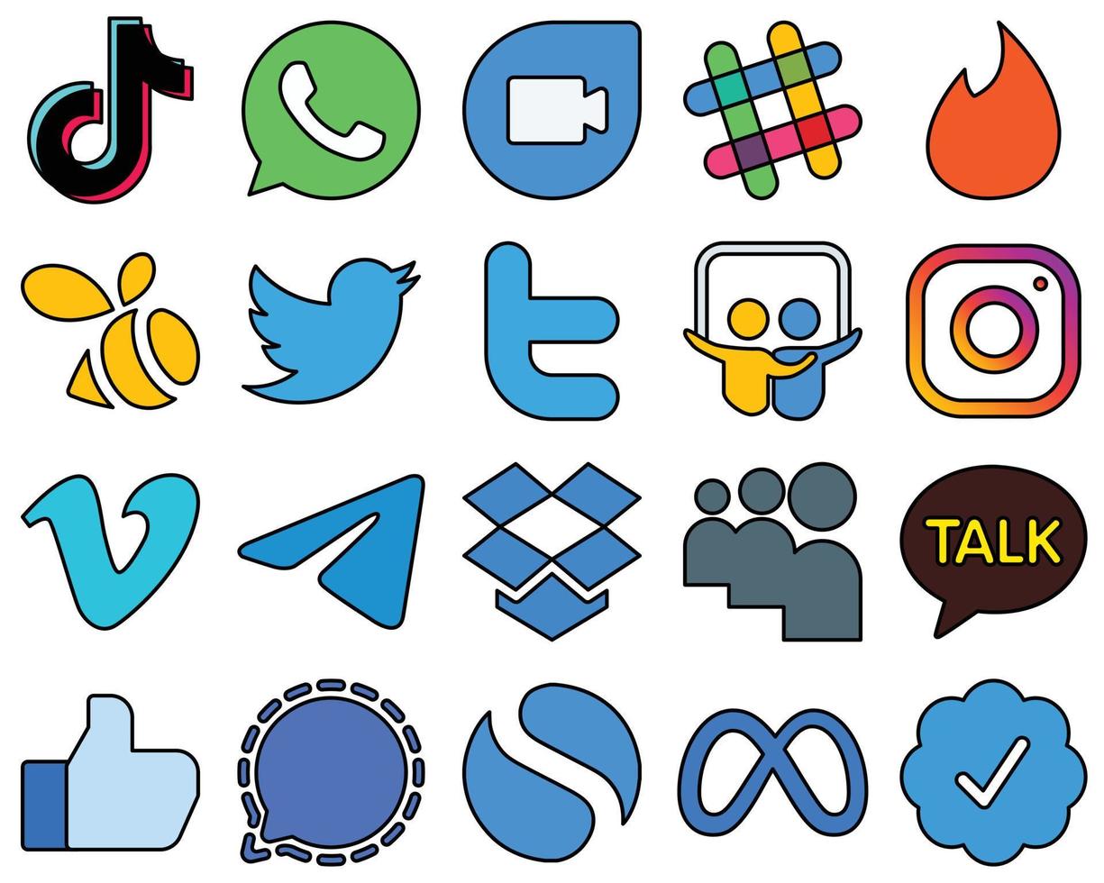 20 linhas inovadoras cheias de ícones de mídia social, como vídeo. inflamável. meta e slideshare totalmente personalizável e minimalista vetor