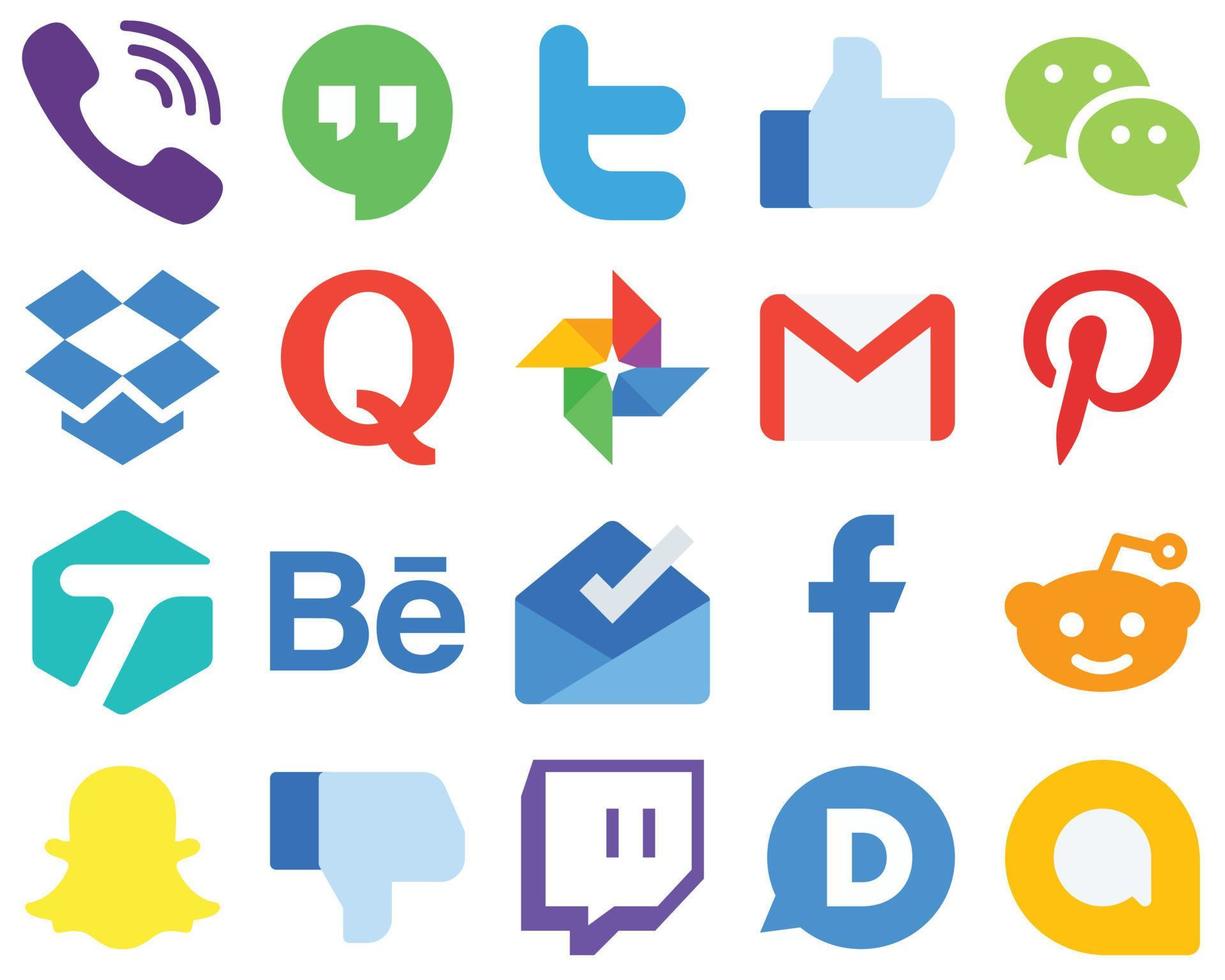 20 ícones planos de mídia social de material design pinterest. o email. wechat. gmail e ícones de perguntas. coleção de ícones de mídia social gradiente vetor