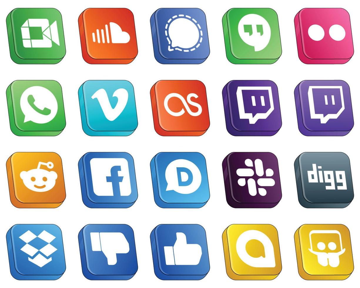20 ícones de mídia social 3D isométricos elegantes, como reddit. Last FM. ícones de vídeo e whatsapp. minimalista e de alta resolução vetor